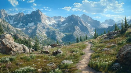 Naklejka premium Rocky mountain landscape, depicting rugged mountains with a clear blue sky and a winding trail