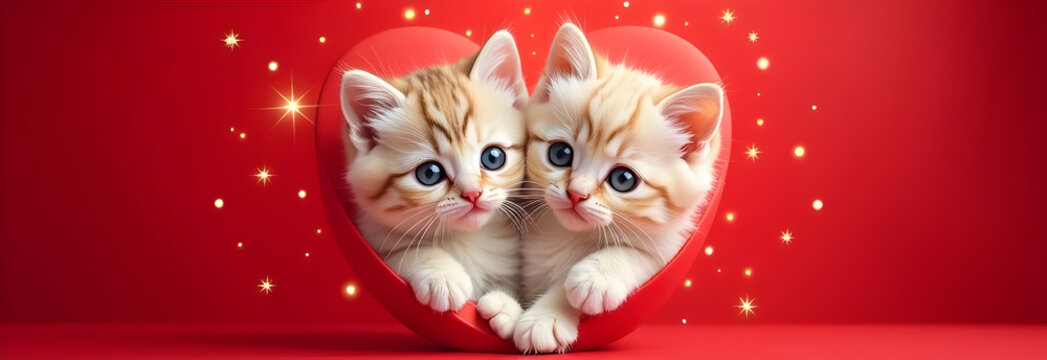 Two cute fluffy white ginger kittens trying to get out of a heart shaped frame on a red background with bright twinkling stars in the background. Love Concept, Valentine's Day