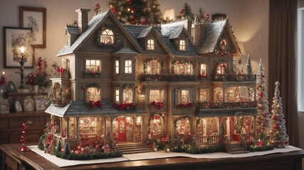 Intricately decorated holiday house model with lights and festive ornaments in a cozy setting