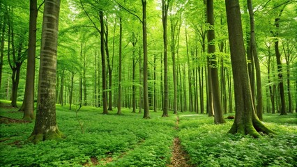 A lush green forest with towering trees and a carpet of vibrant foliage underfoot, outdoors, vegetation, trees, earthy tones, grassy terrain
