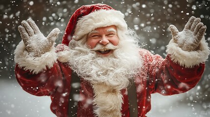 Lively Santa Claus in a playful pose red outfit with suspenders and cozy trousers isolated plain background