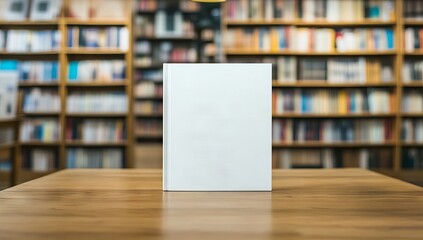Blank book cover mockup on an empty table in a bookstore. AI generated illustration