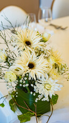 Beautiful romantic elegant wedding decor with fashionable floral arrangement.