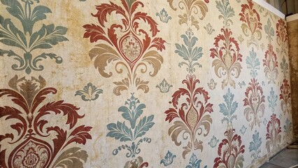 Distressed damask wallpaper with a mix of warm and cool tones, natural, distressed, striped