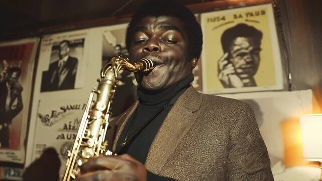 Vintage-style close-up of a saxophone player in a dimly lit jazz club, captured in warm tones and slow motion. Retro posters create an authentic nostalgic backdrop