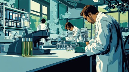 Science lab vector, illustrating a lab environment with scientists analyzing chemical samples