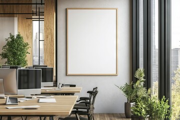 Vertical blank poster mockup in a sleek office setting. AI generated illustration