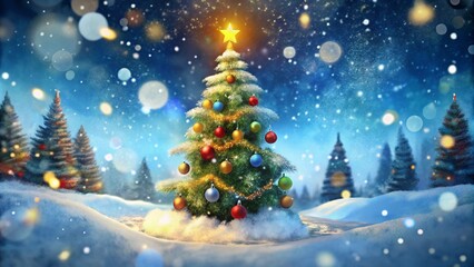 Snow background with blur bokeh of decorated Chritmas tree
