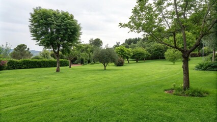 Fototapeta premium lush green lawn with a few trees scattered throughout, greenery, outdoor setting, parkland, verdant land, nature scene