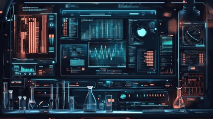 Obraz premium Science technology vector, featuring laboratory equipment, data charts, and digital analysis tools