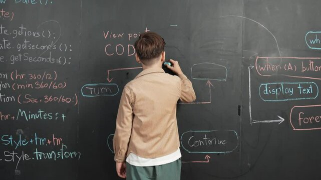 Back view of smart boy writing engineering prompt on blackboard. Attractive happy student planing a project by using coding and programing system in STEM technology classroom. Closeup. Erudition.