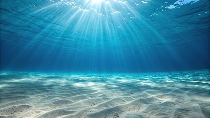 Fototapeta premium Softly glowing light rays illuminate the vast expanse of the deep blue sea, casting an ethereal glow on the sandy floor below, underwater scene, beautiful light rays, peaceful