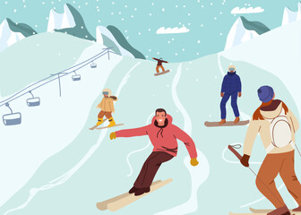  Family at ski resort. Snowboarder on snow slope, winter skiing mountain elevator, kid skier on alpine lift, holiday vacation alps, travel sport, swanky vector illustration. Hand drawn vector art.