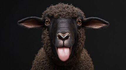 Funny sheep. Portrait of sheep showing tongue.