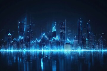 Futuristic city skyline illuminated at night, showcasing sound waves and data visualizations in a blue color theme. AI generated illustration