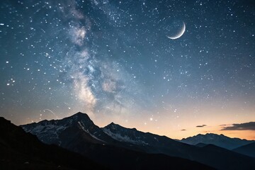 A breathtaking view of a star-filled sky with a crescent moon and a silhouette of mountains in the background, sky, cosmos