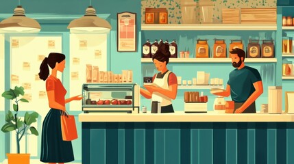 Small business concept vector, featuring a shopkeeper serving customers at a counter, bright illustration