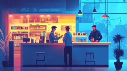 Small business concept vector, featuring a shopkeeper serving customers at a counter, bright illustration