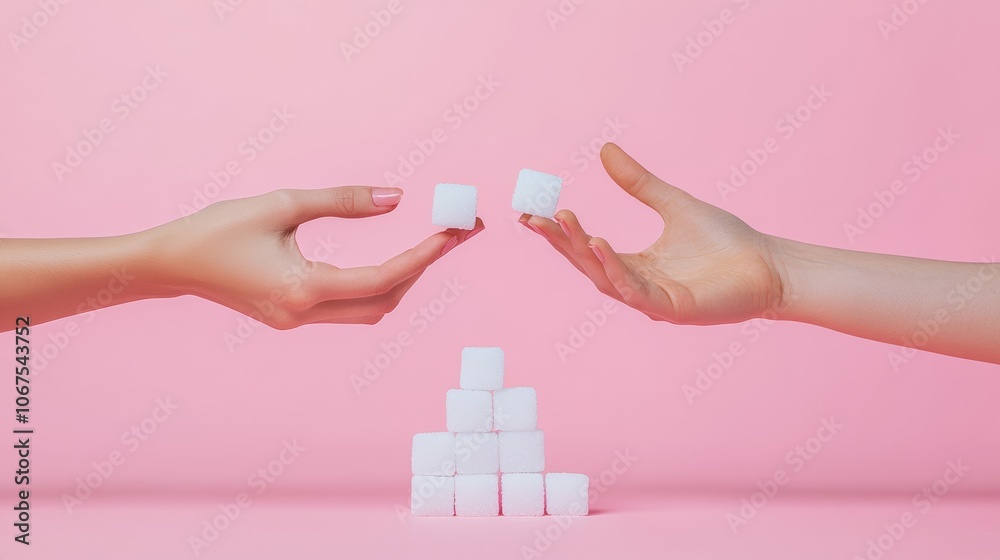 Poster two hands exchanging sugar cubes above a pyramid of sugar cubes symbolizing the danger of excessive 