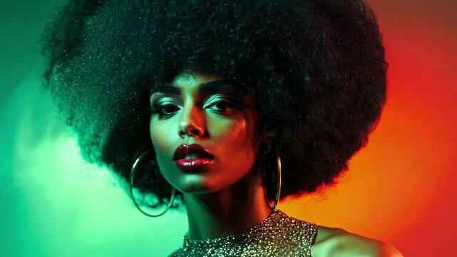 Stylish woman with voluminous afro, metallic makeup, and hoop earrings, set against vibrant background colors, embodying 70s disco glam and bold confidence in slow motion