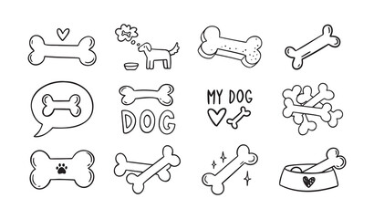 Hand drawn doodle bone for dogs set. Outline isolated drawing bones on white background. Line bone icons. 