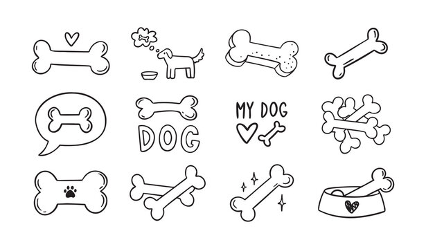Hand drawn doodle bone for dogs set. Outline isolated drawing bones on white background. Line bone icons. 