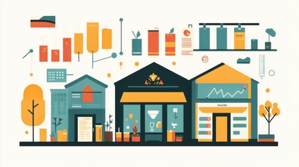 Fototapeta premium Small business growth vector, depicting growth charts, new products, and an expanding store