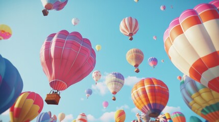 Fototapeta premium Colorful hot air balloons soar against a clear blue sky.