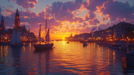 Naklejka premium A beautiful harbor at sunset, with boats gently rocking on the water and city lights beginning to glow