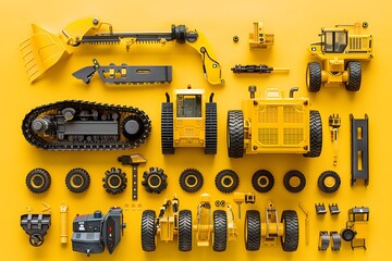 Fototapeta premium A Vibrant Collection of Yellow Construction Toy Parts on a Bright Yellow Background