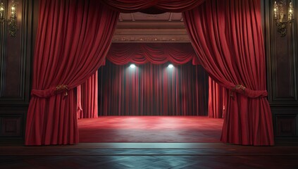 Victorian theater scene with red velvet curtains and spotlight. AI generated illustration