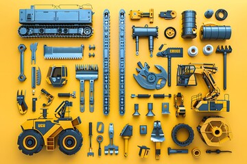 Obraz premium Colorful Arrangement of Construction Toy Parts on a Bright Yellow Background