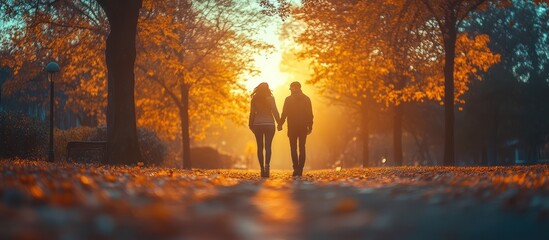 Fototapeta premium Silhouette of a couple walking hand in hand through a park with golden autumn leaves in the foreground and a soft, glowing sunset behind them.
