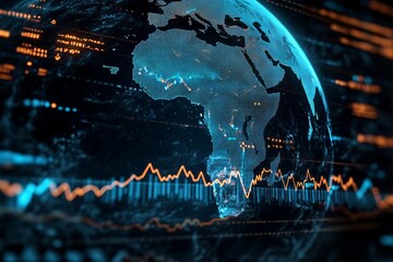 Upward-trending stock market chart over Earth with South Africa outline. AI generated illustration