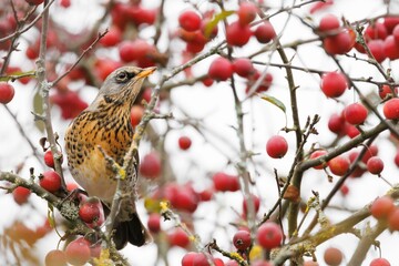 Bird perched among red berries in nature.