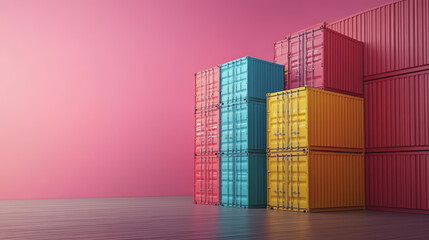 Colorful stack of weathered shipping containers arranged on a bright background, highlighting industrial and logistics themes with vibrant contrast.

