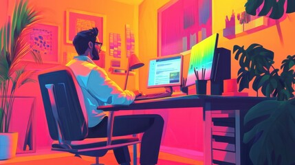 Small office workspace, showing an independent business owner working on a computer, colorful vector