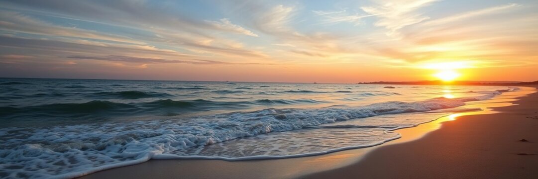 A serene beach scene with gentle waves caressing the shore as the last rays of sunlight dance across the sky in a breathtaking sunset, natural scenery, beach, peace