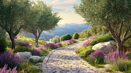 A winding stone path leads through a lush landscape with olive trees and purple flowers, all bathed in the warm glow of the setting sun.