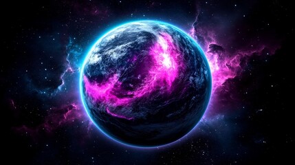 Obraz premium Futuristic Planet with Neon Glow and Nebula Background