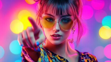 Naklejka premium High Fashion model woman portrait in colourful bright neon lights, beautiful party girl with trendy make-up, manicure, hairstyle. Pointing hand, advertising gesture over colorful vivid background.