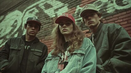 Group of friends in vintage streetwear with caps, standing against a graffiti wall, exuding urban attitude and retro vibes with a slow-motion feel