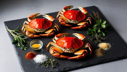 "Elegant Crab Arrangement with Herbs and Spices on Black Slate for Gourmet Dining"