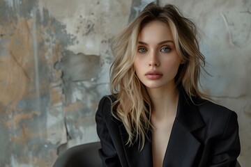 Fototapeta premium Captivating Portrait of a Young Woman in a Stylish Black Blazer Against a Textured Background