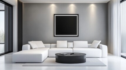 Modern Living Room Interior with White Sectional Sofa and Black Coffee Table