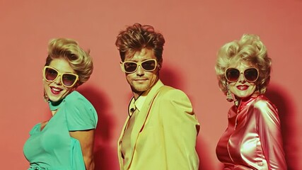 Three stylish people in bold retro outfits and sunglasses, subtly dancing against a vibrant backdrop, capturing 80s fashion and cool attitude in slow motion