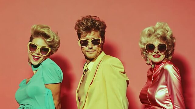 Three stylish people in bold retro outfits and sunglasses, subtly dancing against a vibrant backdrop, capturing 80s fashion and cool attitude in slow motion