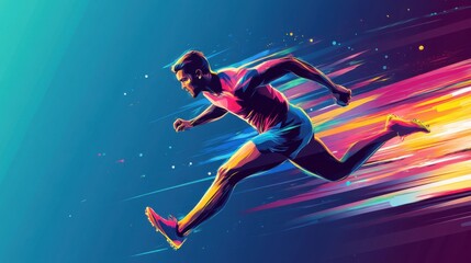 Naklejka premium Sports action illustration, featuring a runner sprinting forward, showing speed and energy, flat vector style