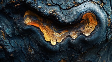 Close-up of a tree bark with a unique, intricate pattern of dark blue and gold, resembling an abstract design.