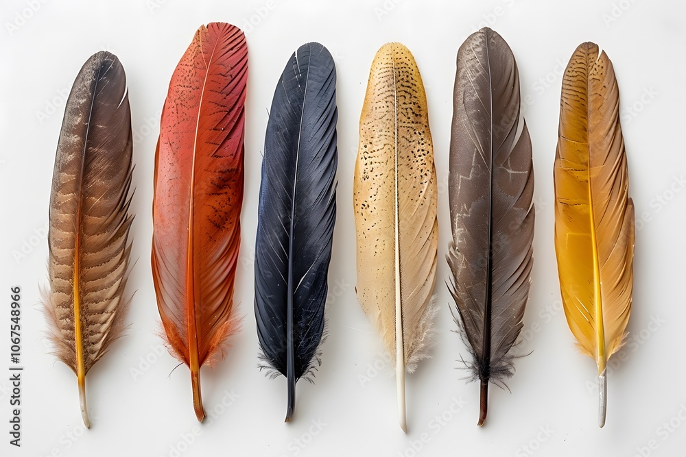 Poster a beautiful array of colorful feathers displayed in a line